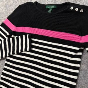 Lauren Ralph Lauren Striped Ribbed Sweater Black White Pink Small